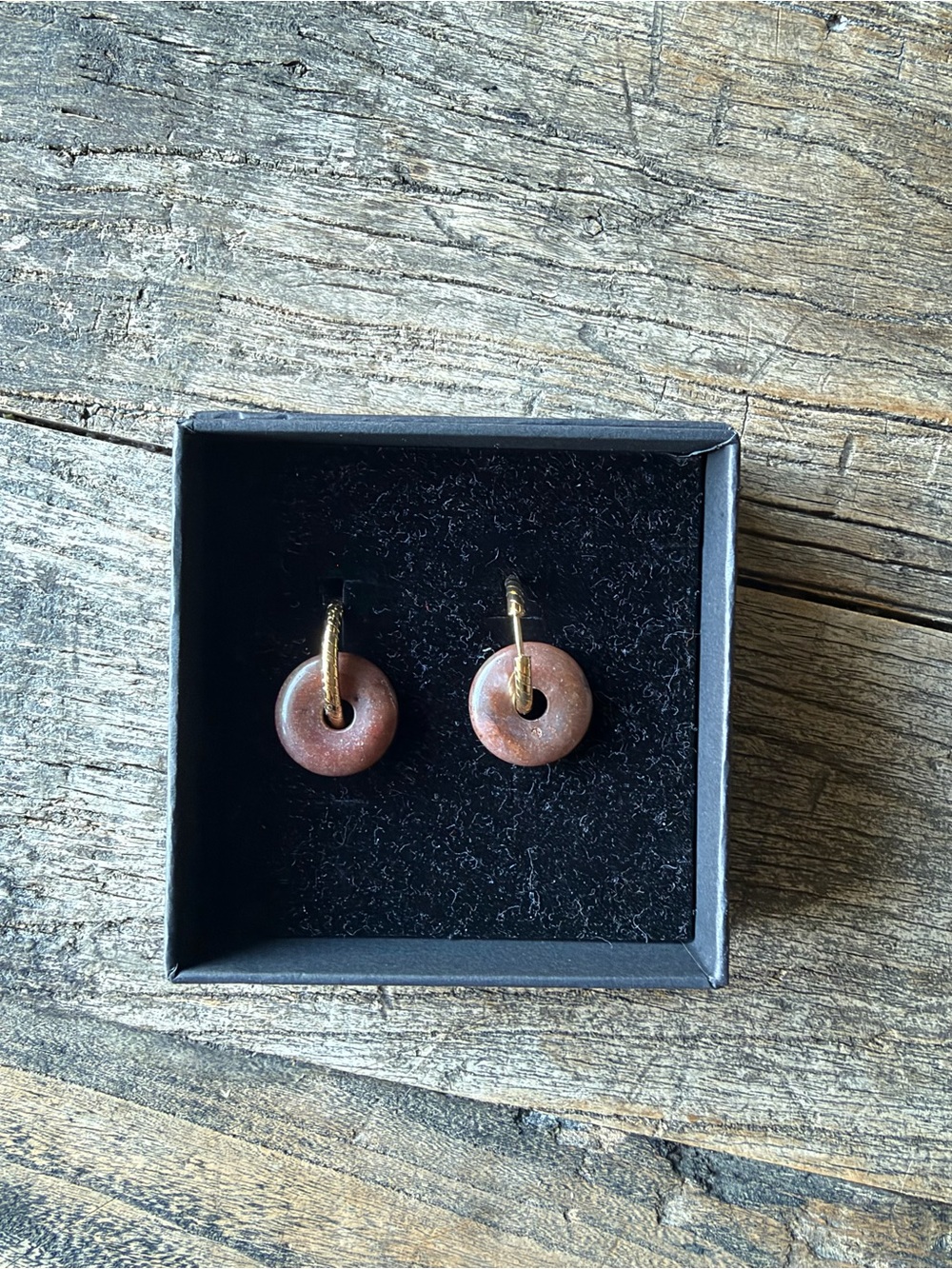 Gold Hoop Earrings with Brown Stone Donut Charms